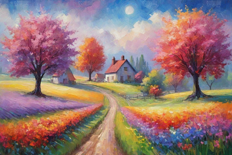夕阳山野奔跑恣意嬉戏的插画世界