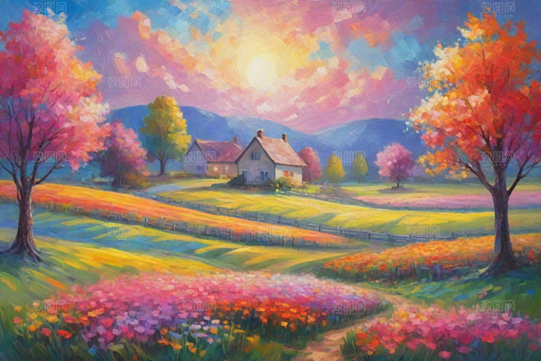 夕阳下奔跑山野的欢乐插画
