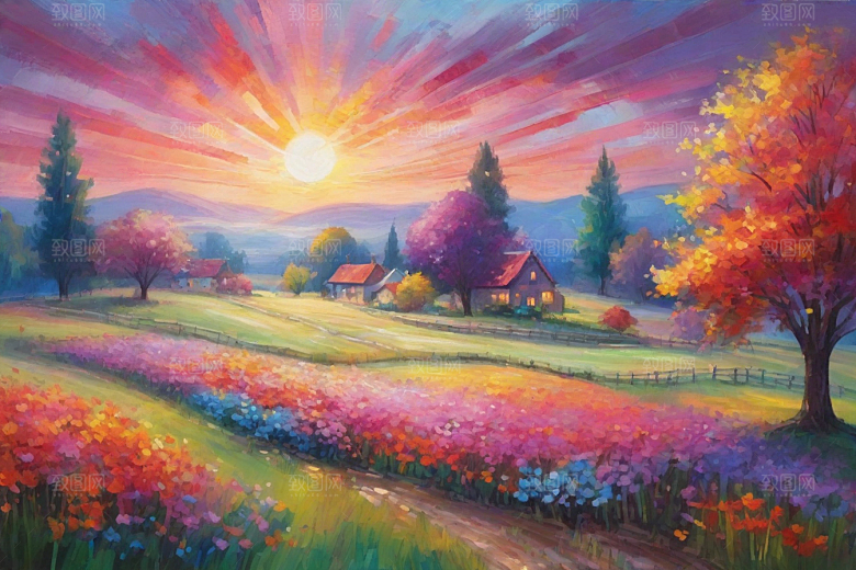 夕阳下奔跑山野的欢乐插画