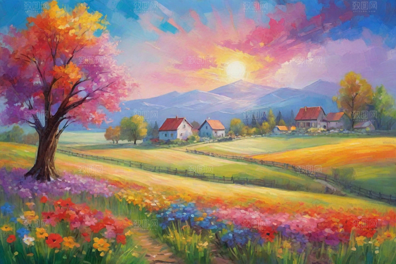 夕阳下奔跑山野的欢乐插画