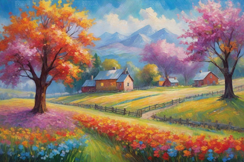 夕阳映照下奔跑山野的自由插画