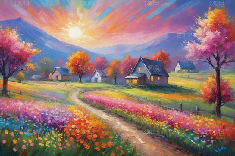 夕阳映照下奔跑山野的自由插画