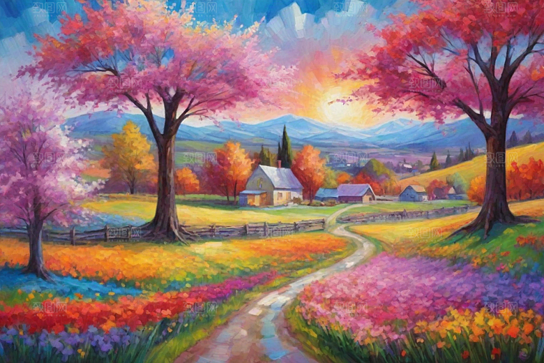 夕阳映照下奔跑山野的自由插画