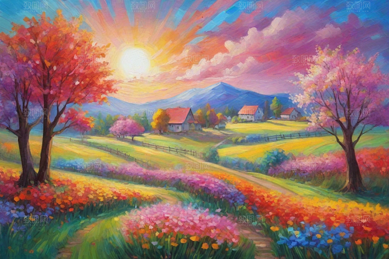 田野奔跑夕阳山景的美丽插画