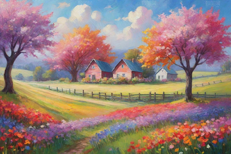 田野奔跑夕阳山景的美丽插画