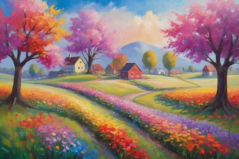 田野奔跑夕阳山景的美丽插画
