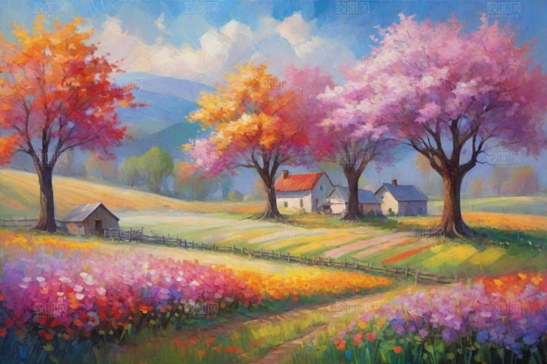 田野奔跑夕阳山景的美丽插画