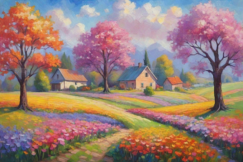田野奔跑夕阳山景的美丽插画