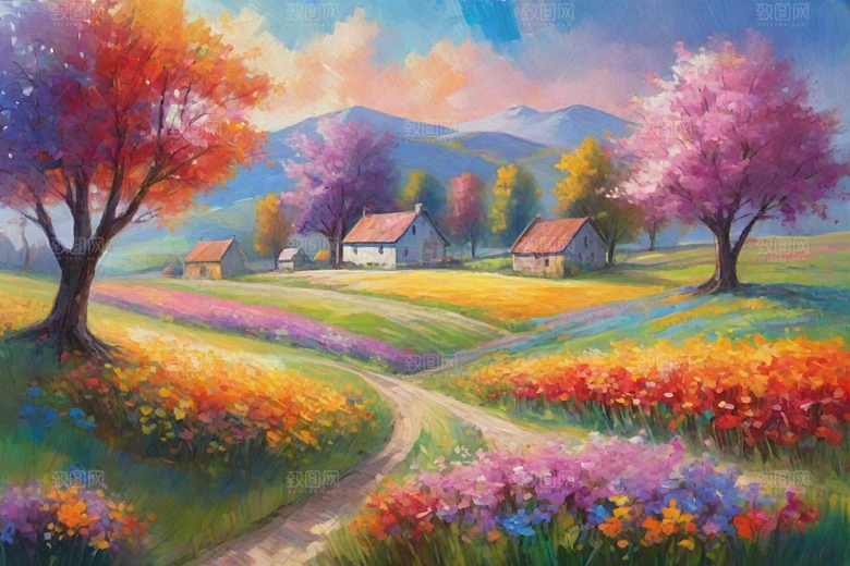 田野奔跑夕阳山景的美丽插画