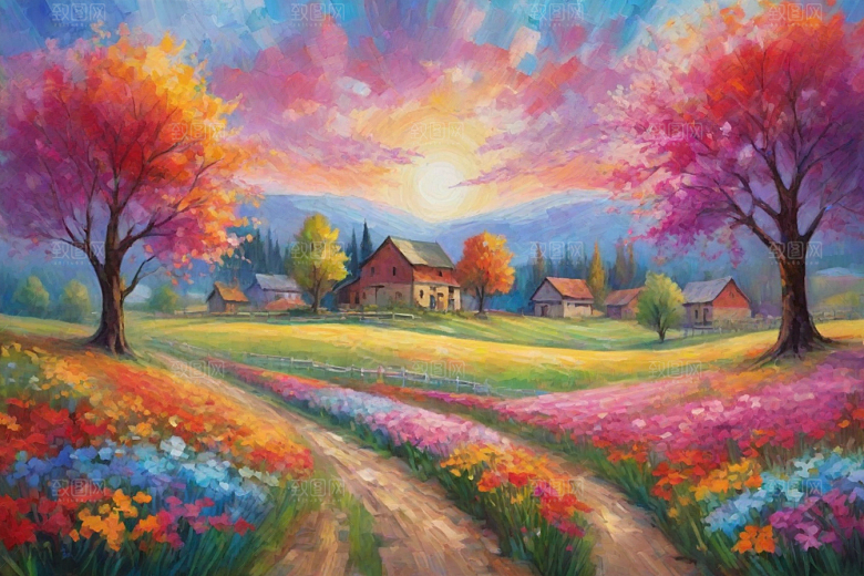 田野奔跑夕阳山景的美丽插画