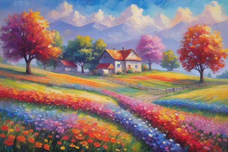田野奔跑夕阳山景的美丽插画