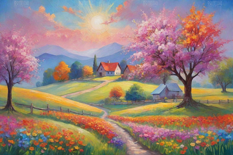田野奔跑夕阳山景的美丽插画