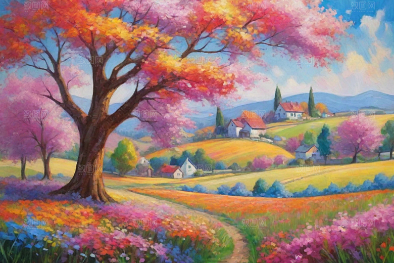 田野奔跑夕阳山景的美丽插画