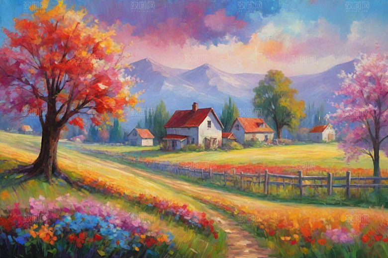 田野奔跑夕阳山景的美丽插画
