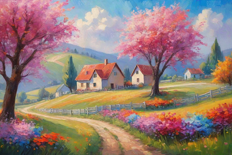 田野奔跑夕阳山景的美丽插画