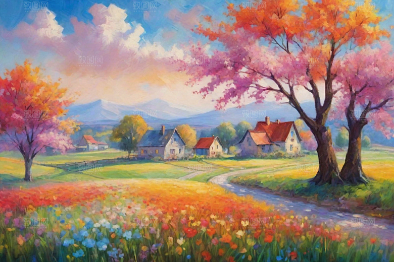 田野奔跑夕阳山景的美丽插画