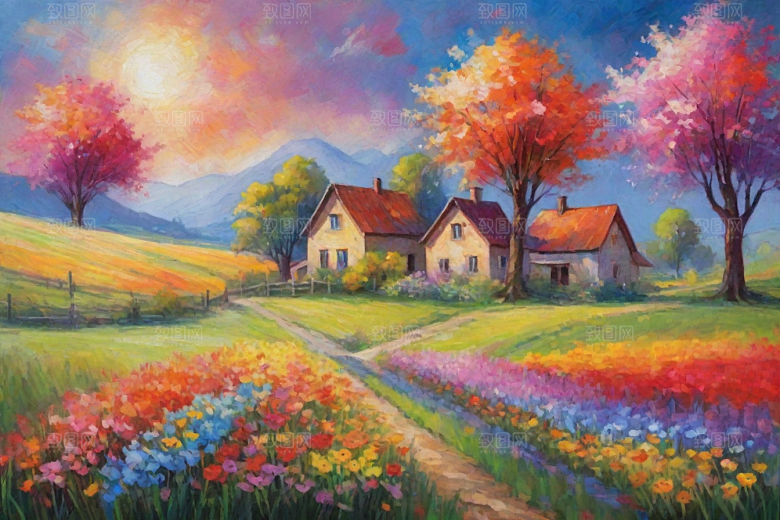 田野奔跑夕阳山景的美丽插画