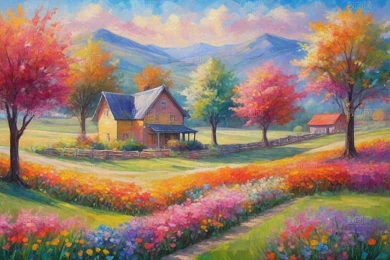 田野奔跑夕阳山景的美丽插画