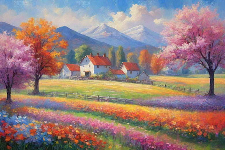 田野奔跑夕阳山景的美丽插画