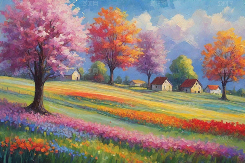 田野奔跑夕阳山景的美丽插画