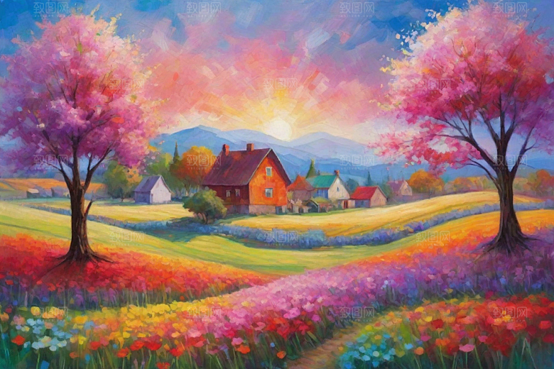 奔跑在夕阳下的山野世界插画