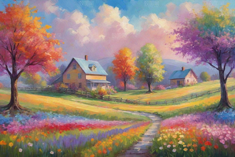 奔跑在夕阳下的山野世界插画