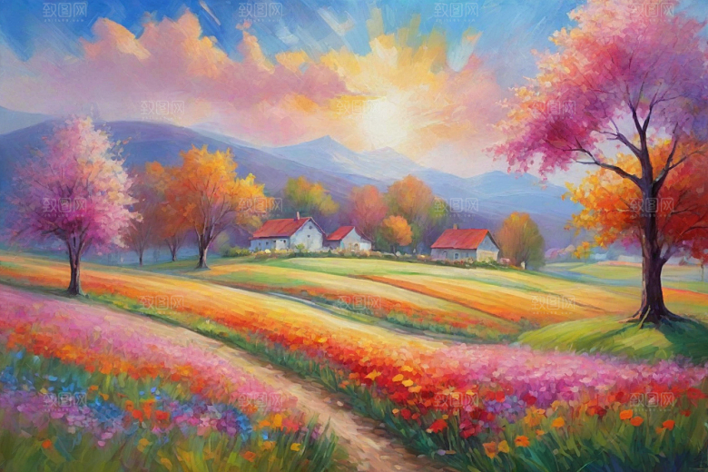 田野山野奔跑夕阳的拥抱插画