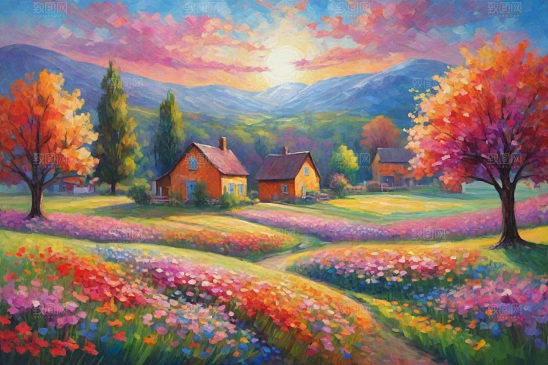 田野山野奔跑夕阳的拥抱插画