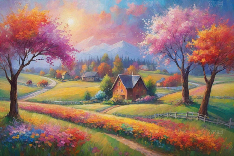 奔跑在山野间的夕阳插画