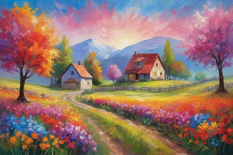 奔跑在山野间的夕阳插画