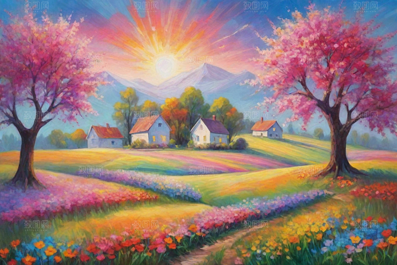 奔跑在山野间的夕阳插画