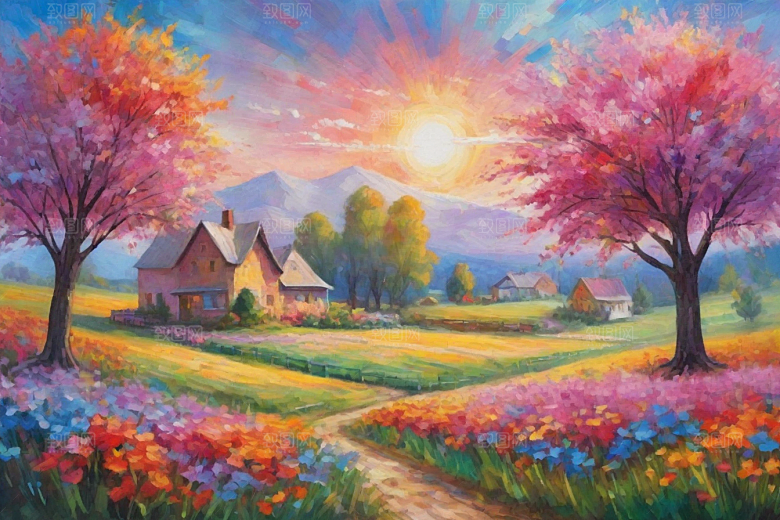 奔跑在山野间的夕阳插画