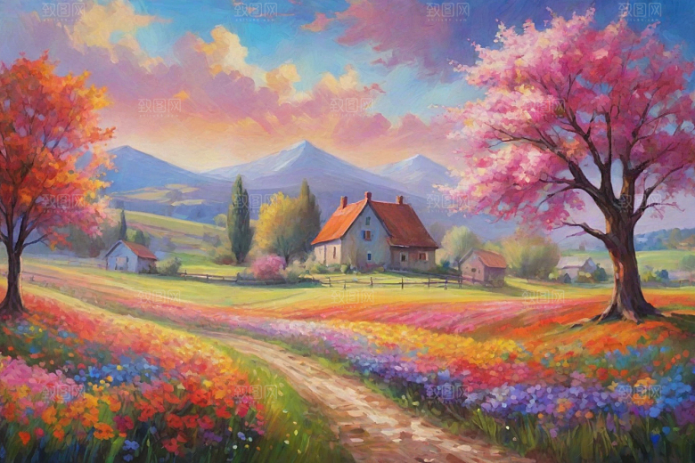 奔跑在山野间的夕阳插画