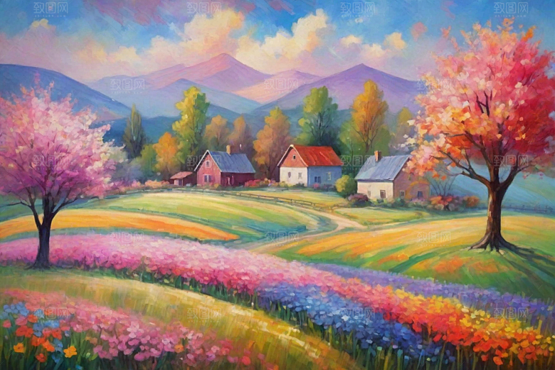 田野奔跑夕阳余晖插画
