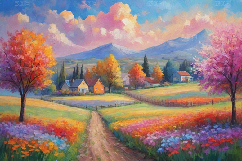 田野奔跑夕阳余晖插画
