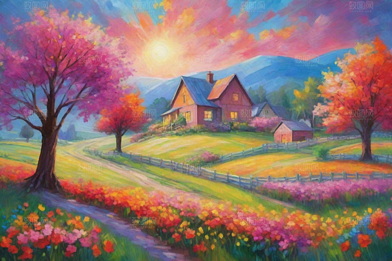 田野奔跑夕阳余晖插画