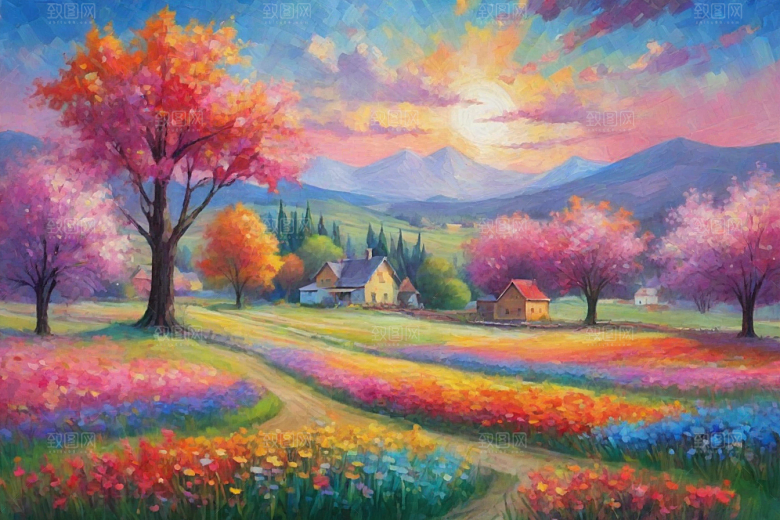 田野奔跑夕阳余晖插画