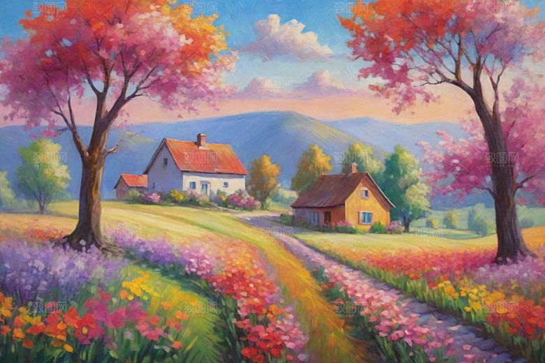 田野奔跑夕阳余晖插画