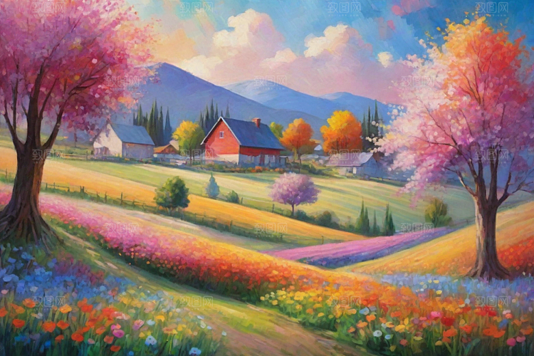 田野奔跑夕阳余晖插画