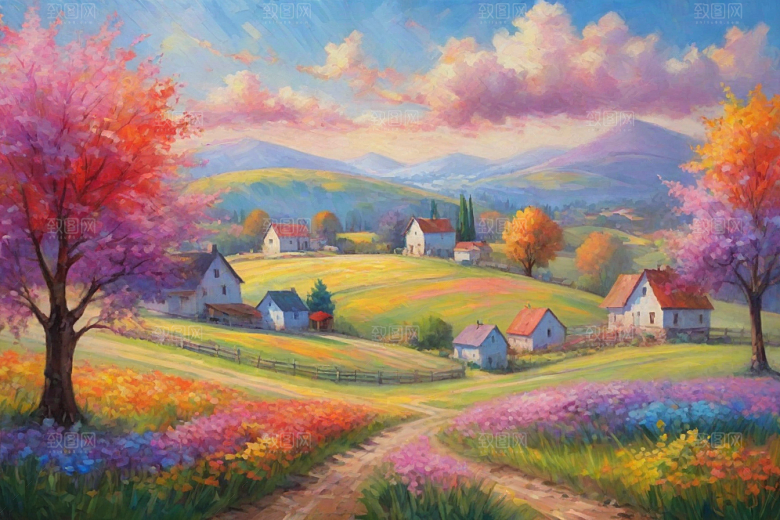 田野奔跑夕阳余晖插画
