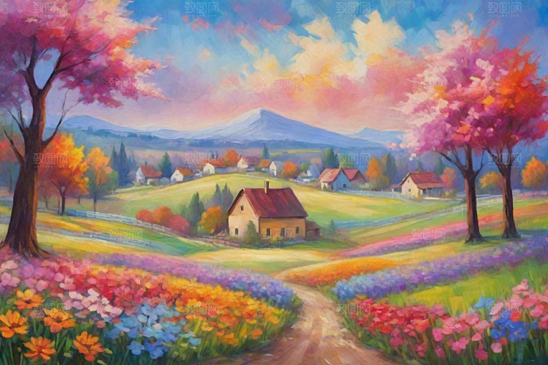 田野奔跑夕阳余晖插画