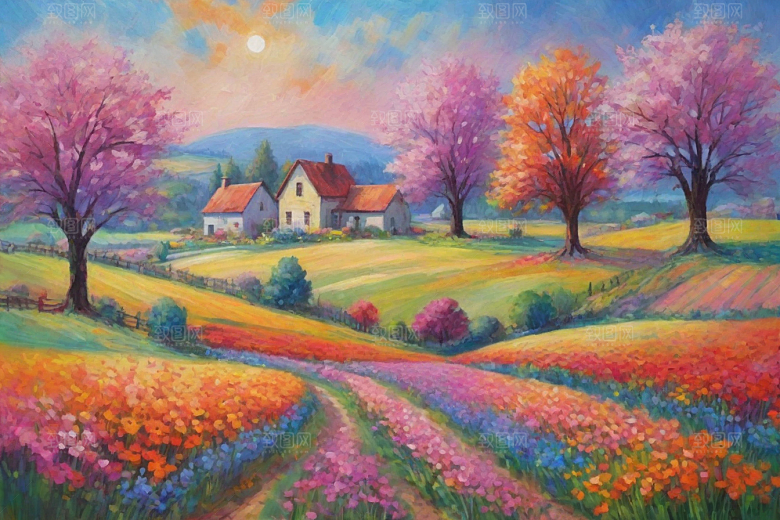田野奔跑夕阳余晖插画