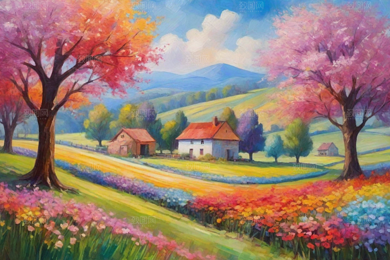 夕阳映照下的田野山野插画
