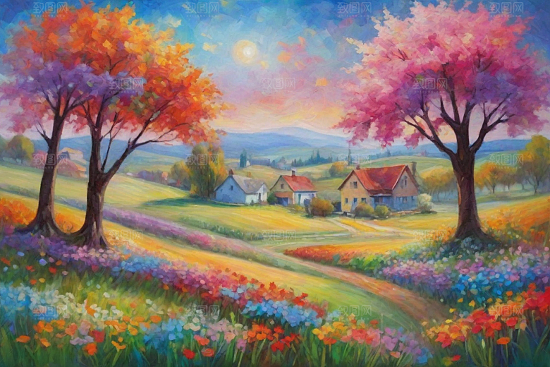 夕阳映照下的田野山野插画