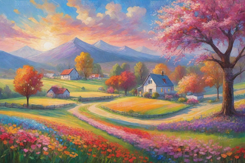 夕阳映照下的田野山野插画