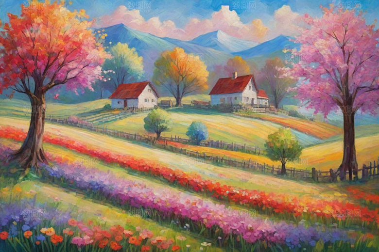 夕阳映照下的田野山野插画