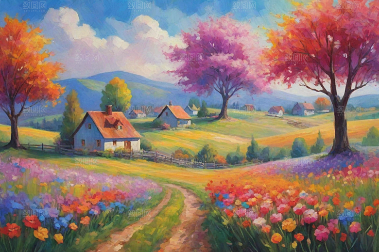 夕阳映照下的田野山野插画