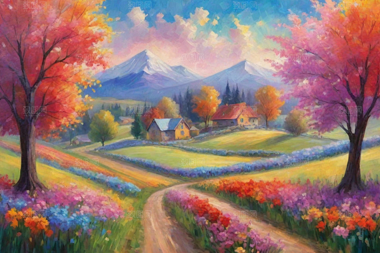 夕阳映照下的田野山野插画