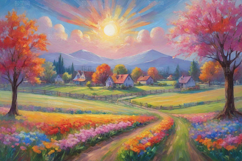 欢快奔跑夕阳山野插画