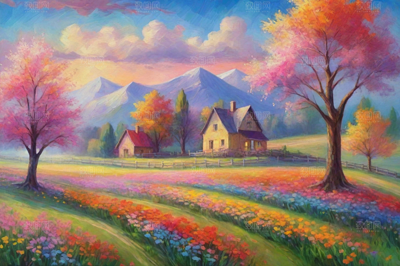 欢快奔跑夕阳山野插画